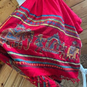 Silk Angora Scarf  Red Elephant Tapestry Scene Asian India Glamour Luxury Money